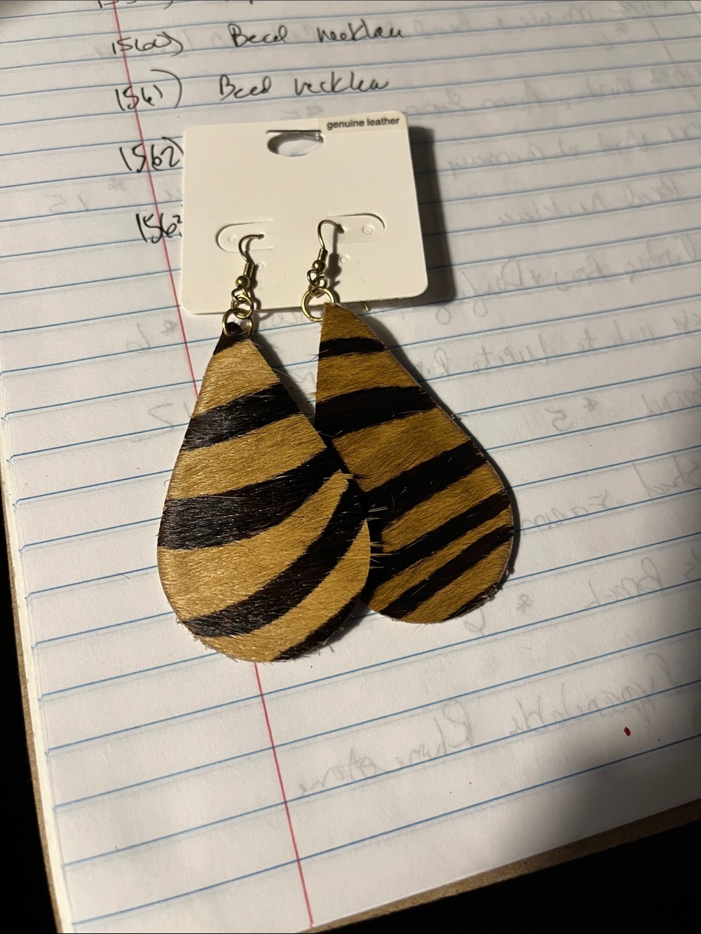 Gold and Black Teardrop Zebra Print Leather Earrings 1562